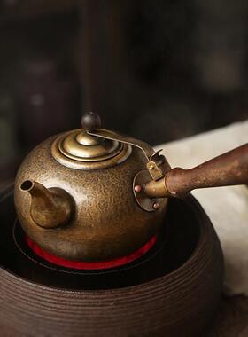 手工锻打锤目纹侧把铜壶 炭炉黄铜烧水壶 电陶炉煮茶器 紫铜茶具