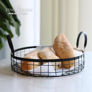 复古黑色铁艺面包篮水果盘收纳筐厨房装 欧式 饰家居摆件双耳托盘