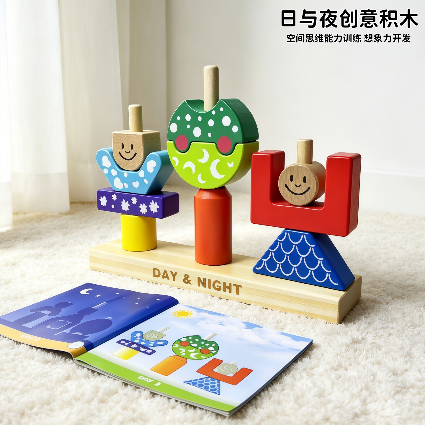 儿童日与夜创意堆搭积木空间逻辑思维训练桌游白天与黑夜益智玩具