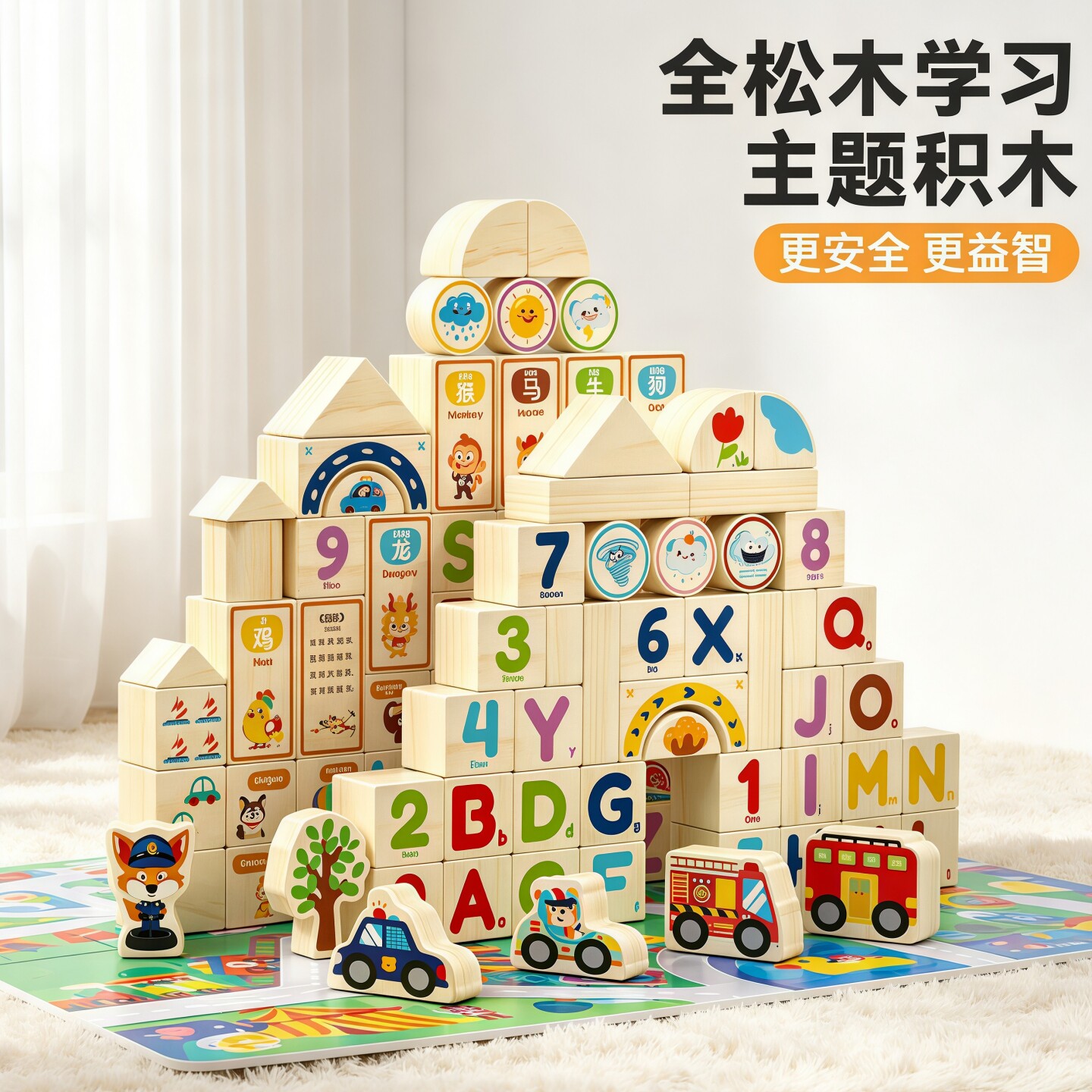 木丸子大颗粒学习主题实木积木图片