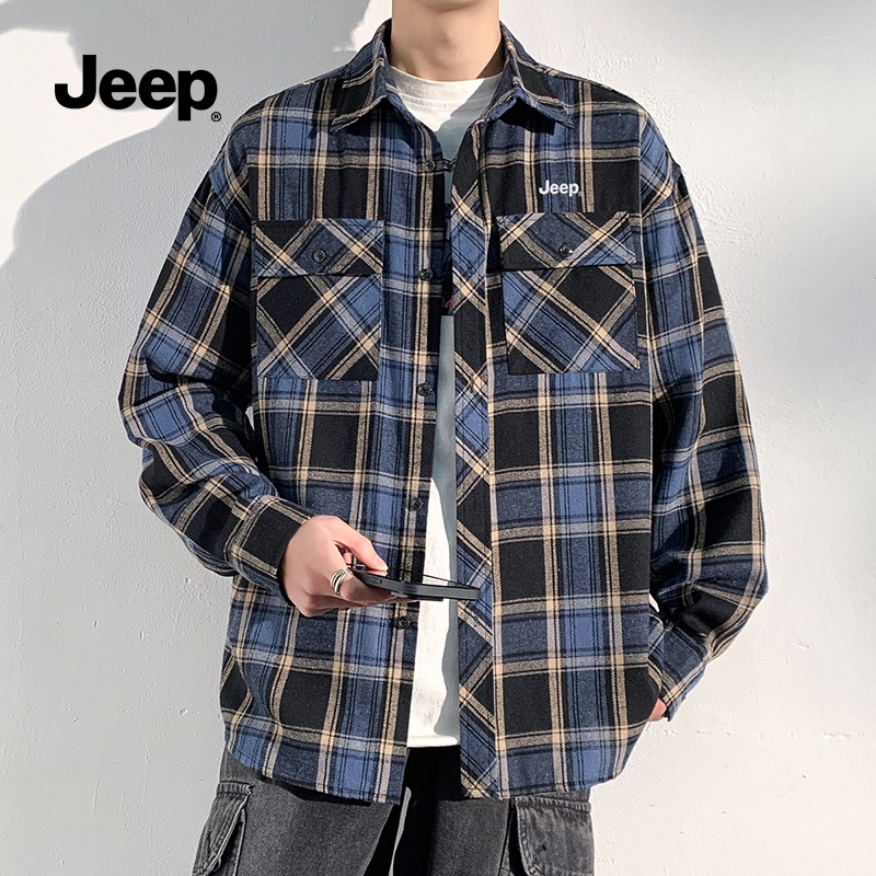 Jeep吉普格子长袖衬衫翻领上衣