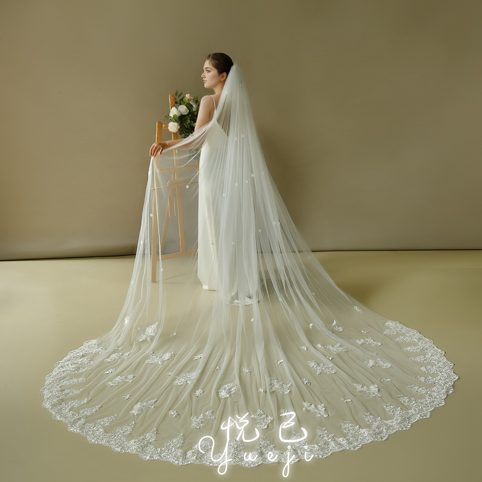 悦己 头纱新娘主婚纱立体花朵长款拖尾蕾丝头饰复古风婚礼 YJV293