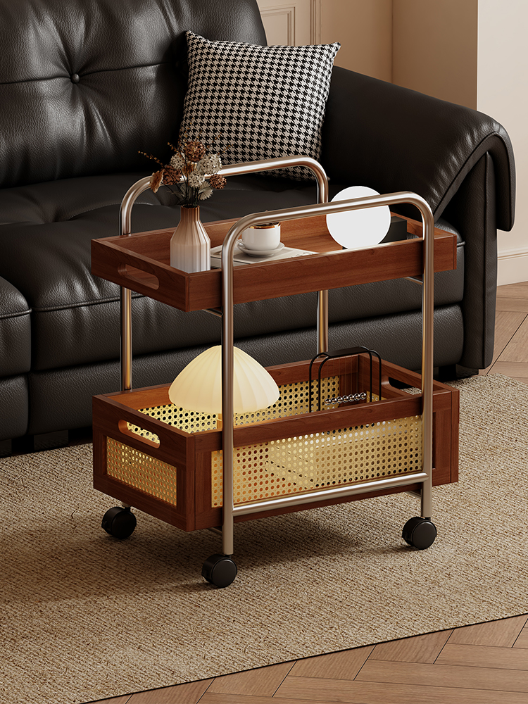 实木边几可移动不锈钢收纳中古小推车客厅储物藤编置物架简约餐车