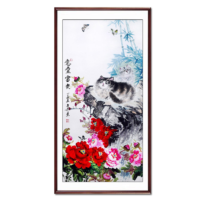 速发客厅卧室玄关装饰挂画中国画孔雀锦鸡仙鹤牡丹花鸟图手绘竖版图片