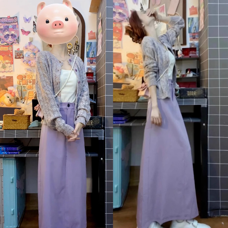 速发入秋韩系穿搭紫色氛围感新织毛衣套装连衣裙子2024针款秋冬长