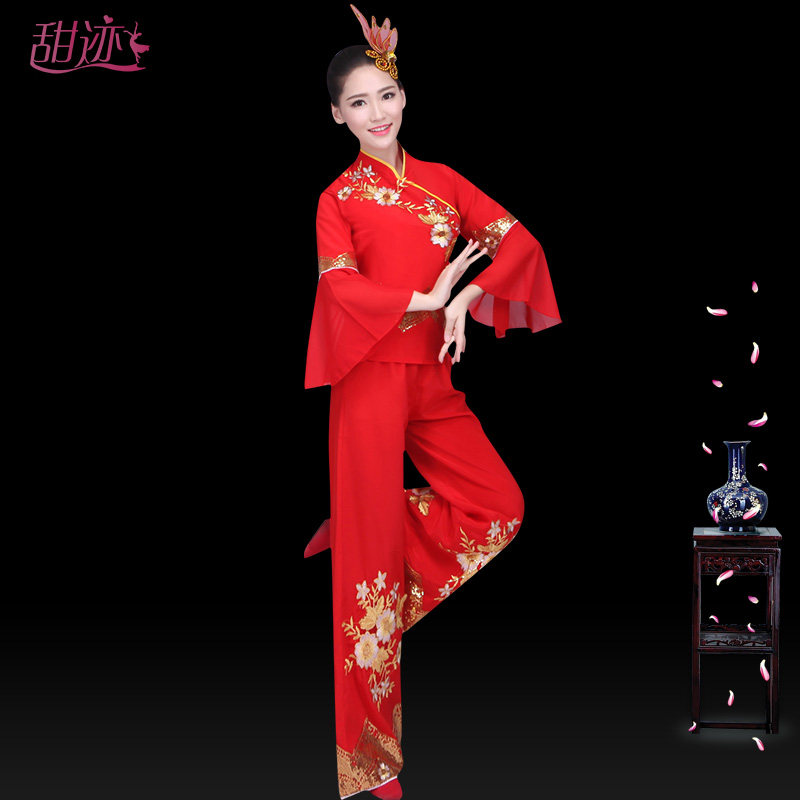 速发广场舞服装夏装秧歌舞蹈演出服装扇子舞伞舞飘逸民族风套装