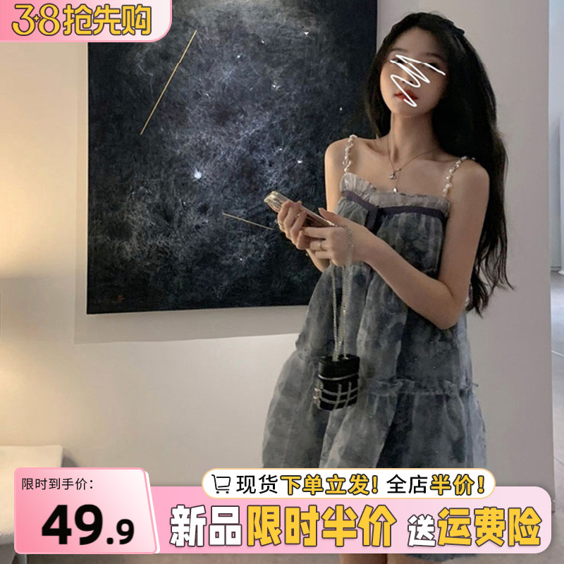 速发海假度边歇茶法式早春碎花吊带连衣裙子夏季2024新款沙滩蓬蓬