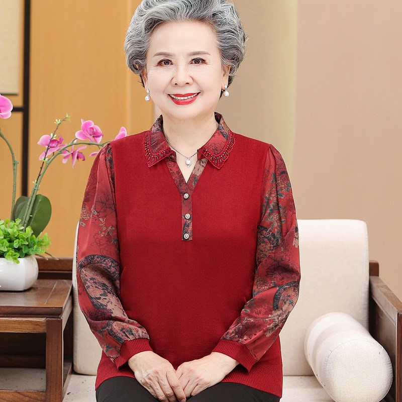 速发中老年人夏装长袖上衣妈妈款太太T恤打底衫60-70岁奶奶衬衣