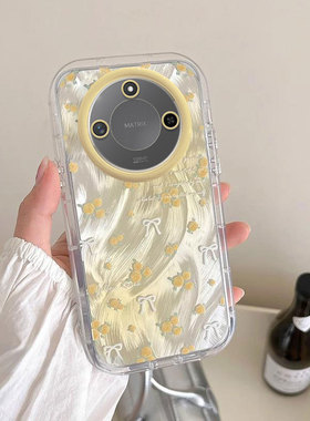 适用华为荣耀x60手机壳x50新款黄色花朵huawei荣耀x40高级感x30i小清新x20se防摔x10硅胶液态全包镜头保护套