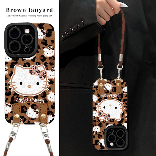棕色KT猫适用苹果15Promax手机壳iPhone16新款女14Plus可爱卡通13Pro网红爆款12/11带挂绳X全包XS防摔8/7贴皮