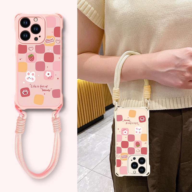 适用苹果16Promax手机壳15Plus格子兔子14Pro新款女13高级感12超火iPhone11全包防摔8/7四角挂绳壳X可爱卡通