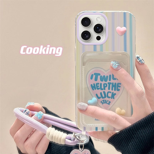 适用苹果15ProMax手机壳iphone14plus新款条纹爱心ip13趣味12pro小众11带挂绳8/7/6小清新卡包xs专用x保护套