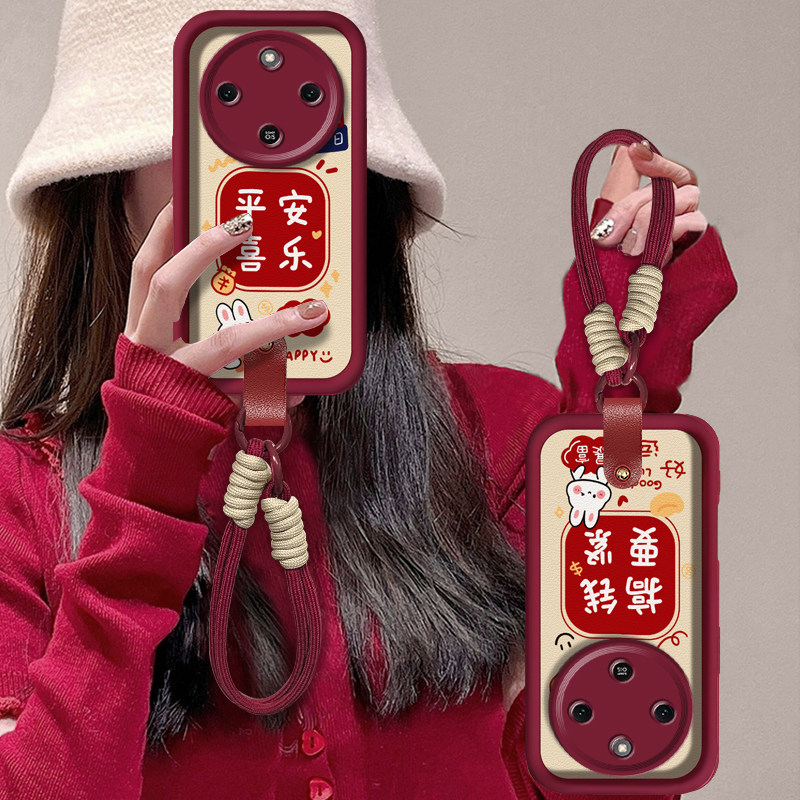 适用荣耀X70手机壳X70i平安喜乐X60GT发财兔X50Pro红色新年款X40高级感带挂绳x30全包硅胶防摔honor不会撞壳