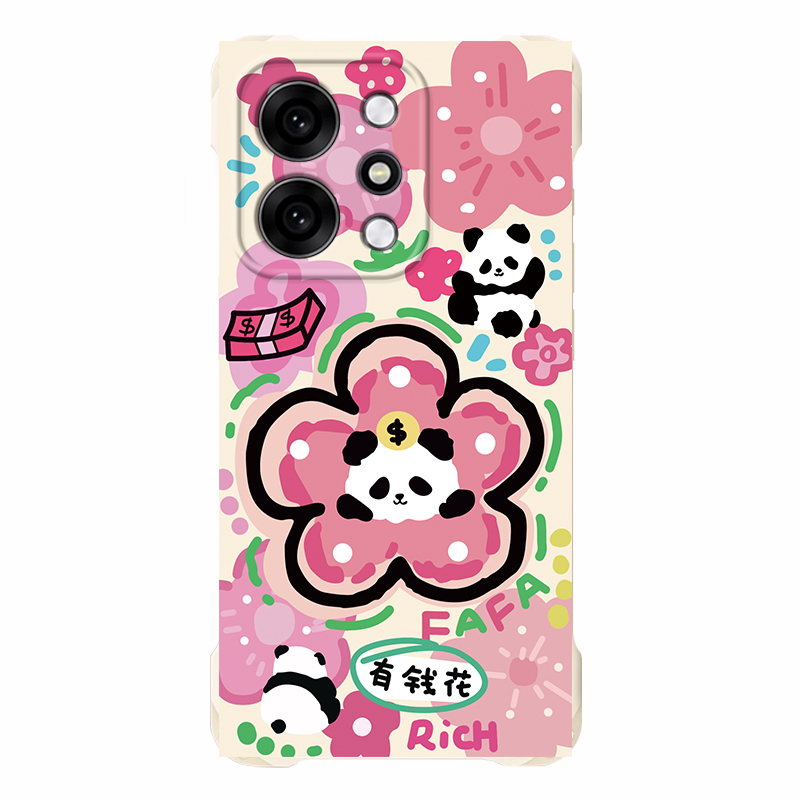 适用OPPOReno14手机壳Reno14Pro熊猫发财花13女新款12高级感11带挂绳10全包防摔Reno9/8轻奢风7/6四角挂绳壳
