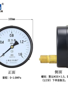 上海仪川 压力表储气罐轴向压力表轴向无边压力表 Y100Z 0-1.6MPa