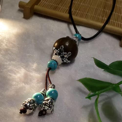 衣项链吊坠檀木绿松石镶纯银观音佛头挂件吊件 招财转运珠男女