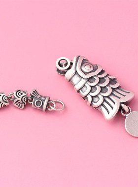 925银哑光手工图腾锦鲤鱼吊坠复古中国风飞鱼旗足银好运锦鲤挂件