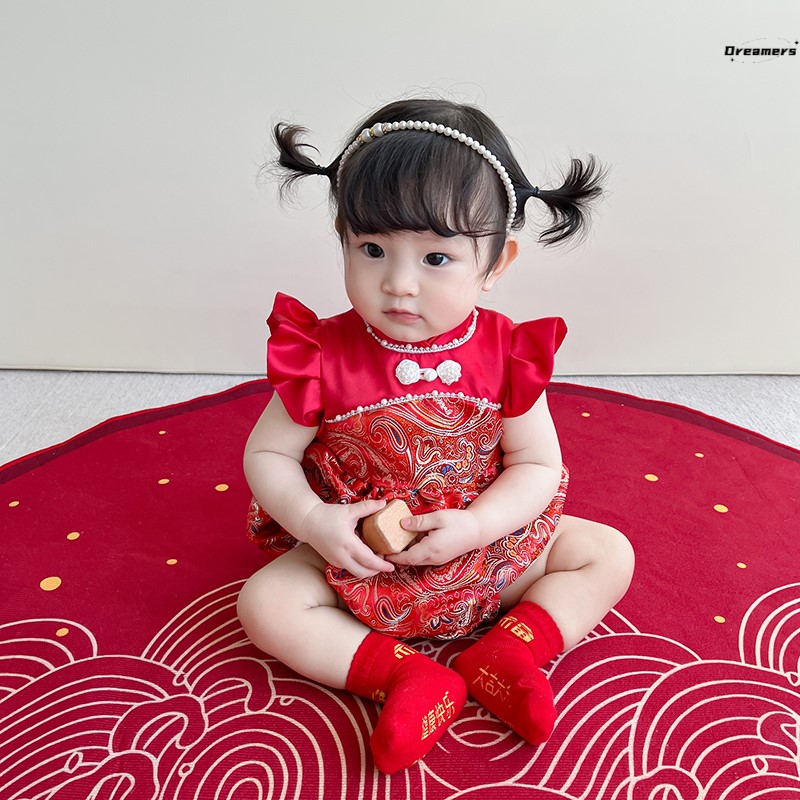 。周岁女宝礼服中式百天宝宝衣服夏季婴儿抓周礼服周岁宴红色国风