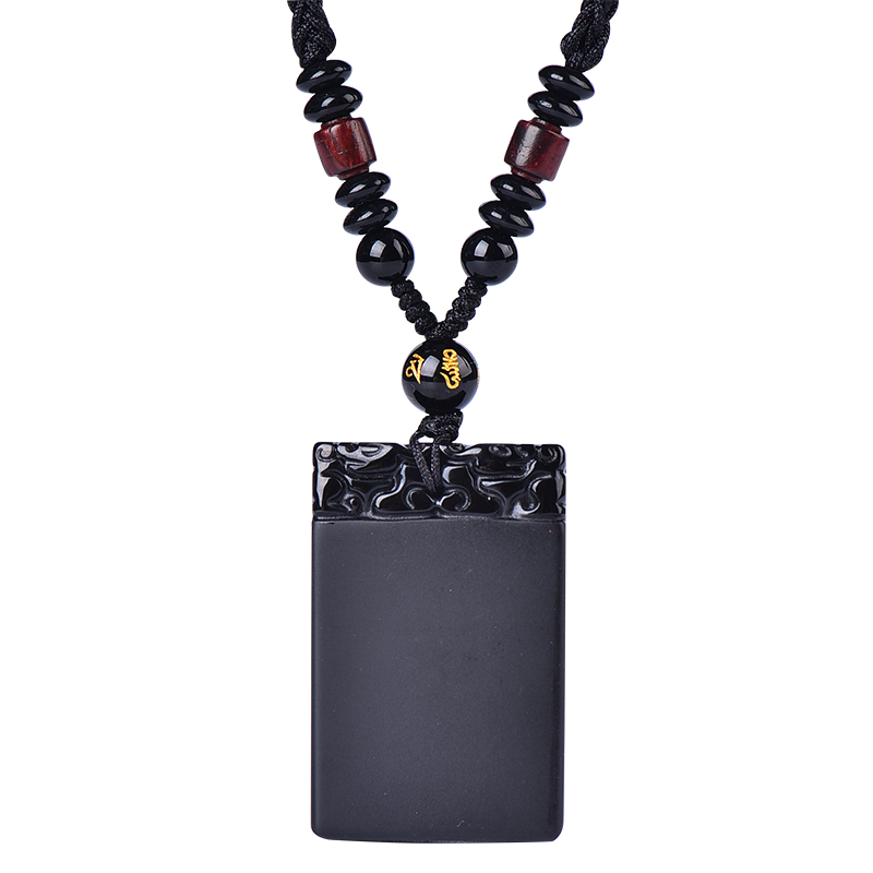 天然水晶黑曜石平安无事牌吊坠黑耀石貔貅无字牌项链钥匙扣挂件男