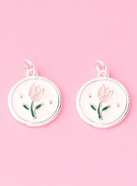 s925银滴胶白色郁金香圆牌吊坠滴釉粉色圆形吊牌diy项链银饰配件