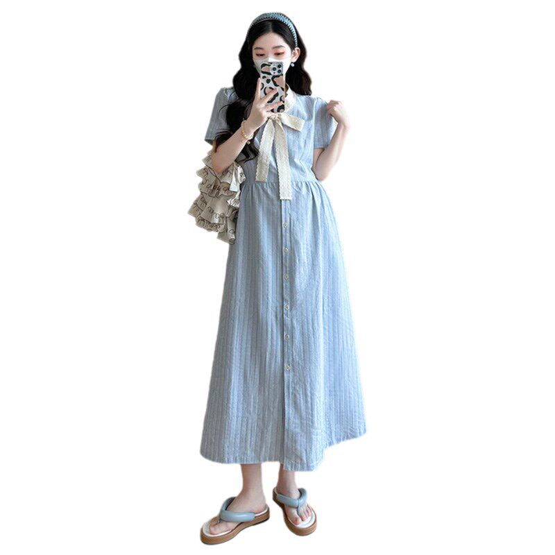 好货孕妇夏季连衣裙长款过膝长裙新款韩版孕妇装V领显瘦条纹孕期