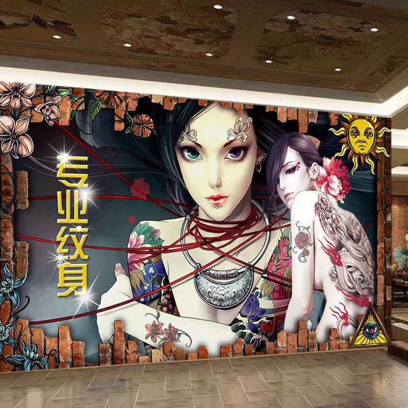 极速个性纹身店工作室贴画刺青装饰图案背景墙壁画壁纸纹绣自粘壁