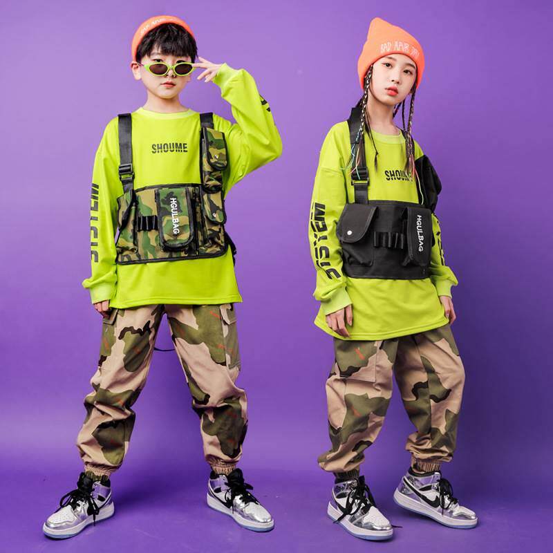 极速l儿迷彩裤男童嘻哈童气hiphop演出服少走秀女童儿街舞潮帅装