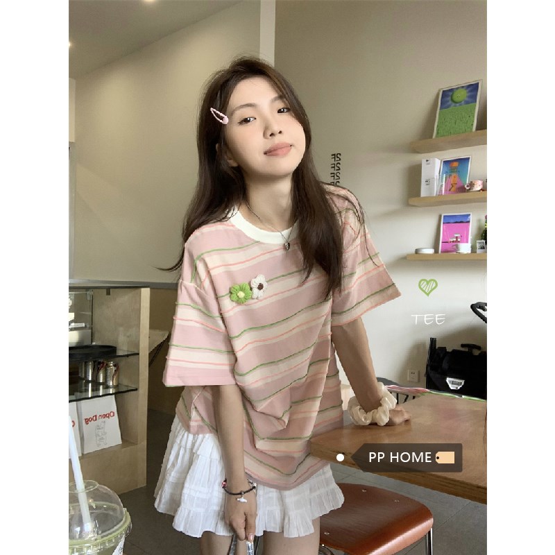 好货孕妇上衣夏装套装宽松甜美条纹短袖t恤夏季薄款半身裙短裙两
