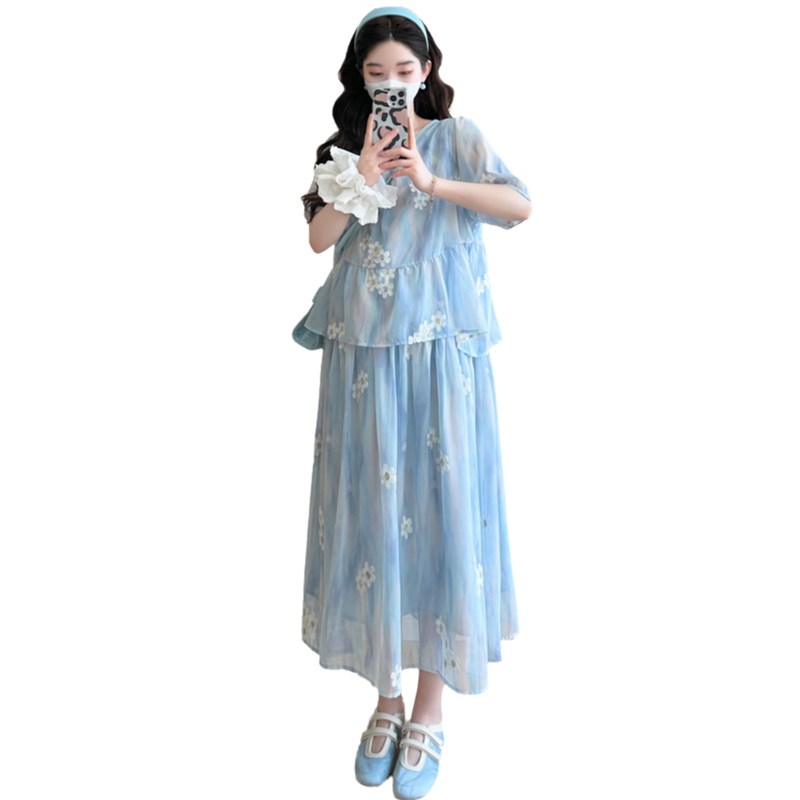 好货孕妇夏季连衣裙新款设计感潮妈孕妇装宽松拼接假两件短袖夏天