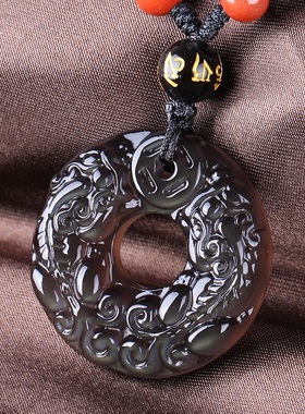 彩虹眼冰种黑曜石双貔貅吊坠平安扣男女款情侣金曜石招财项链饰品