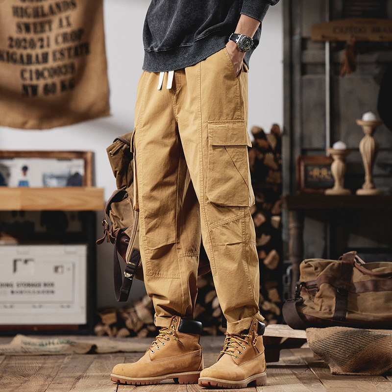 裤子男款秋季新款美式姜黄色拼接系绳水洗宽松直筒时尚工装休闲裤