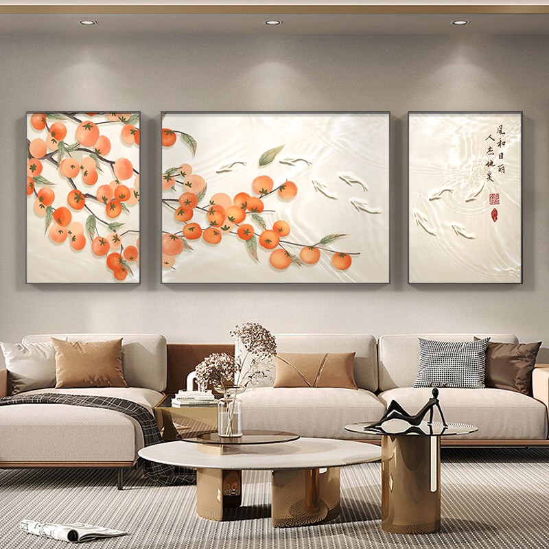 网红雪川大芬油画手绘村鱼九图挂画寓意好柿子壁画V三联组合客厅