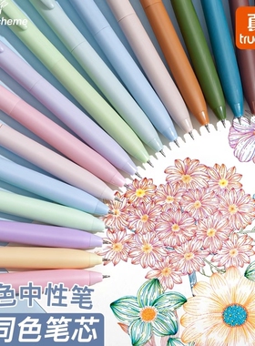 真彩彩色中性笔按动式莫兰迪复古色系彩笔学生用ins高颜值套装手帐标记划重点手账水笔彩色笔女生做笔记专用