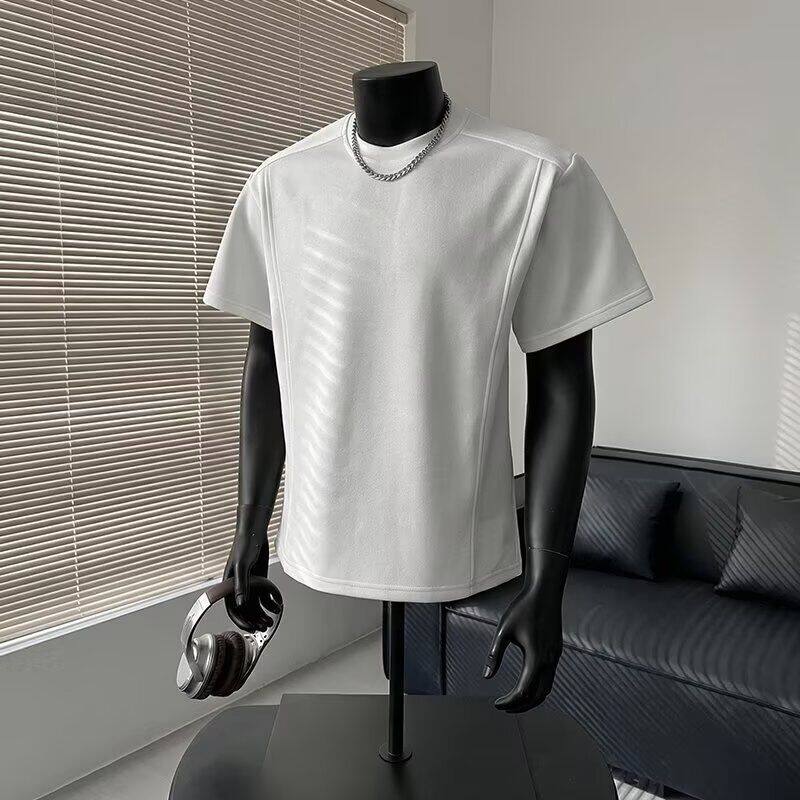 2025夏季新款轻奢痞帅男装挺阔高级感短袖T恤男拼接圆领上衣