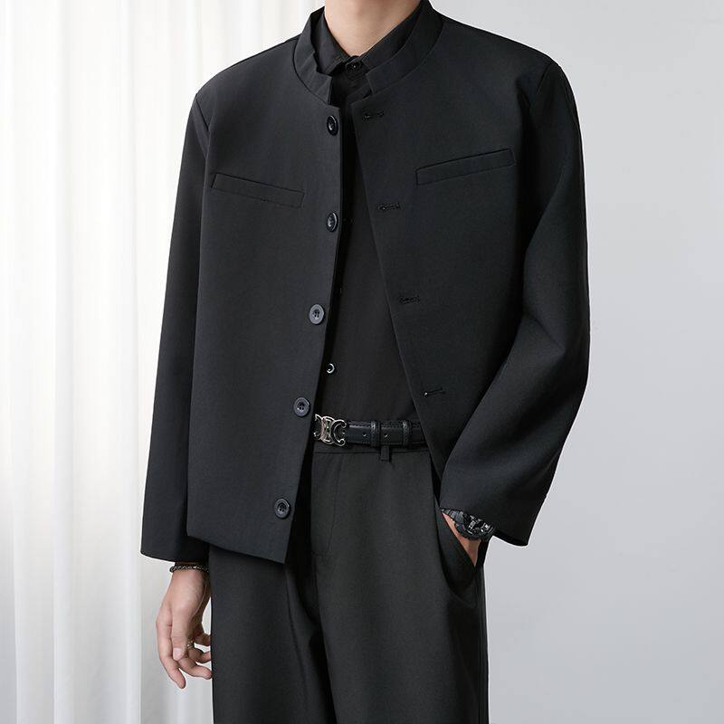 黑色垫肩西装外套男装高级感中山装立领修身夹克设计新中式小西服