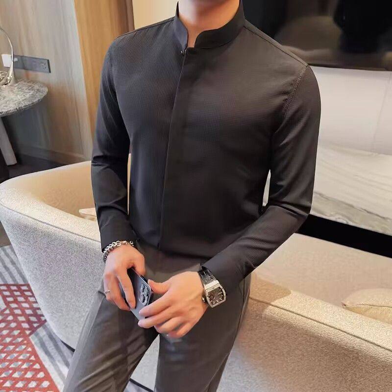 立领衬衫男士长袖2025新款新中式国风男装高级感中山装黑色衬衣男