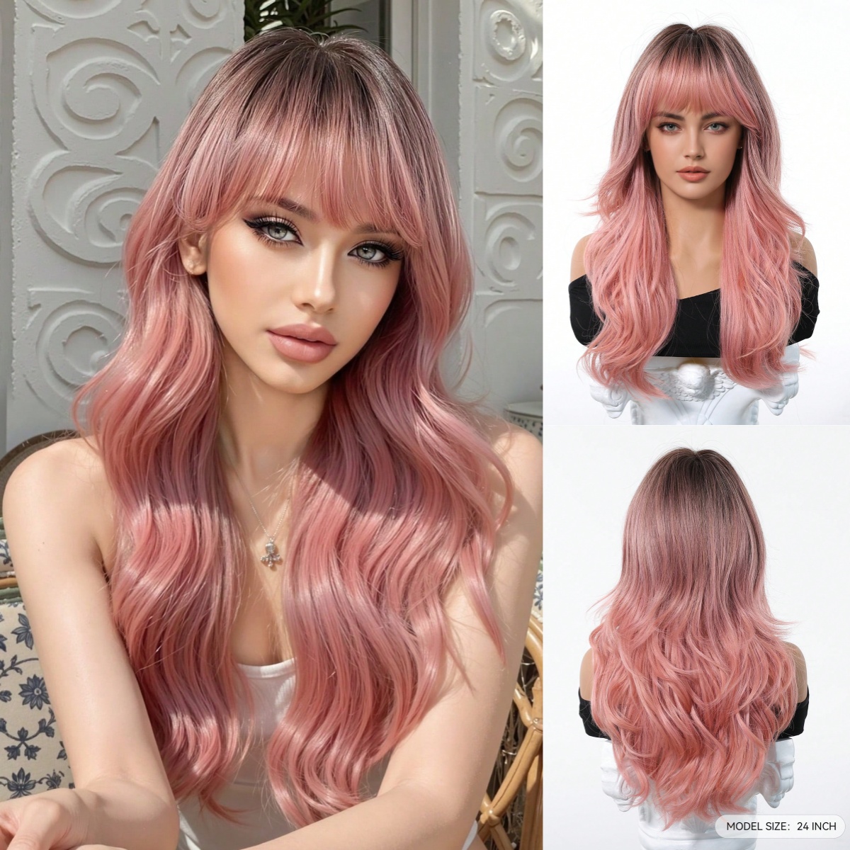 欧美大波浪齐刘海粉色挑染假发