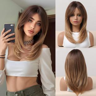欧美假发女棕色渐变中分刘海高层次披肩发高温丝中长发混血感头套