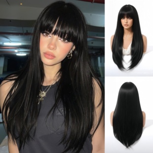 欧美风黑色齐刘海长直发御姐富江黑长直假发头套仿真日常整顶wig