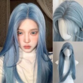 蓝色假发长发女全头套低饱和小额蕾丝中分层次长直发高温丝蓝精灵