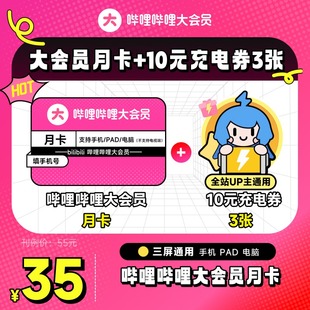 充电券3张 10元 哔哩哔哩大会员月卡B站会员1个月官方直充 月卡