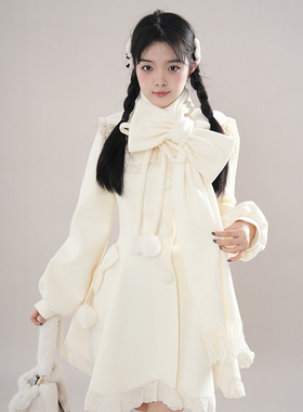 秋冬甜美风小个子围巾花边娃娃领毛球系带毛呢外套2025秋冬新款女