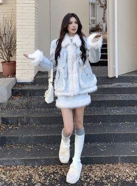 冰雪雾屿 毛毛外套冬季半裙两件套装韩剧氛围感千金半裙显瘦套装