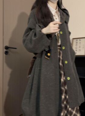 日系复古vintage设计感连帽花苞下摆中长款宽松毛呢大衣外套冬季