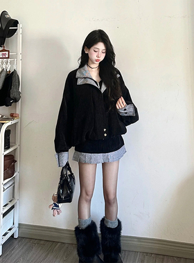 美式复古翻领拼接棉服外套女秋冬季小个子机车服宽松短款夹克上衣