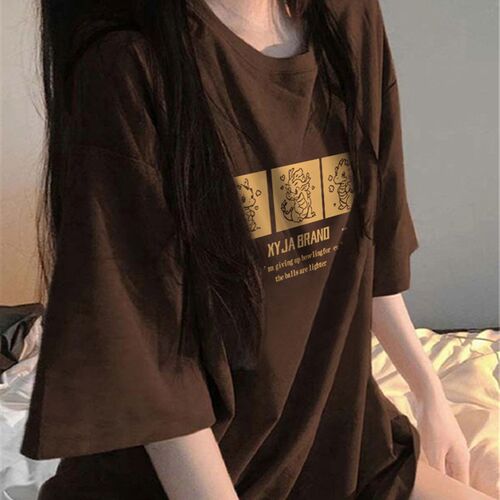 新品咖色宽松oversize短袖t恤上衣服ins夏季国潮印W花纯棉正肩体