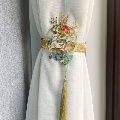 新品新中式祥鹿合k金窗帘绑带弹簧别墅落地窗客厅软装饰免打孔窗
