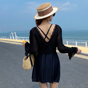 保守平 微胖女孩遮肚显瘦泡温泉钢托X大码 新品 黑天鹅连体泳衣长袖