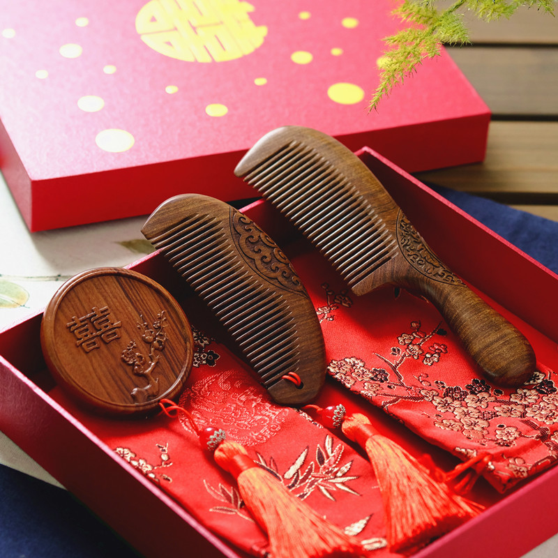 极速结婚梳子一对女陪嫁谭木匠y套装红色礼盒订婚礼品新娘木梳镜
