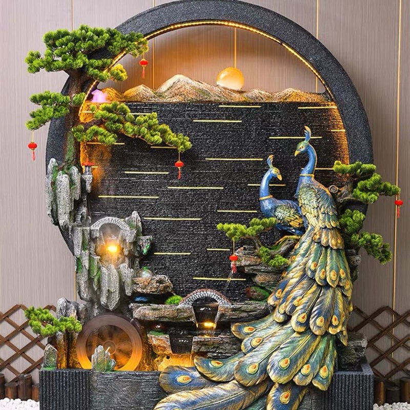 极速孔雀b流水喷泉加湿器落地玄关屏风景观客厅办公室酒店装饰摆